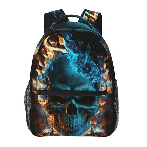 Blue Flame Fire Skull Burning Backpack Casual College Bag Zipper Laptop Daypack Hiking Rucksack Travel