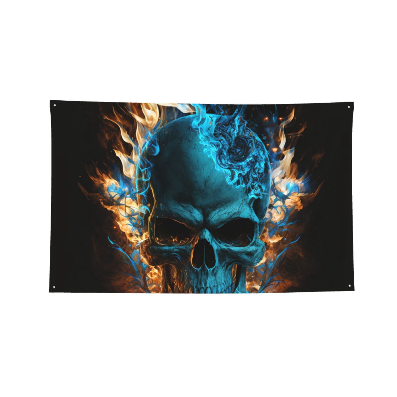 Blue Flame Fire Skull Burning Four Hole Decorated Banner Flag for Garden Yard Home Decoration Indoor Outdoor 4x6 Ft