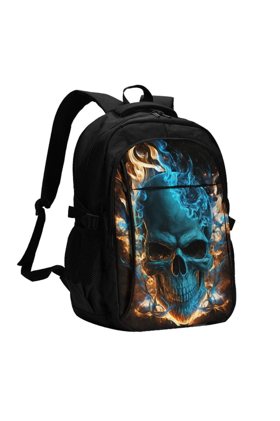Blue Flame Fire Skull Burning Laptop Backpack with USB Charging Headphone Port Casual Daypack Bag College Business Travel