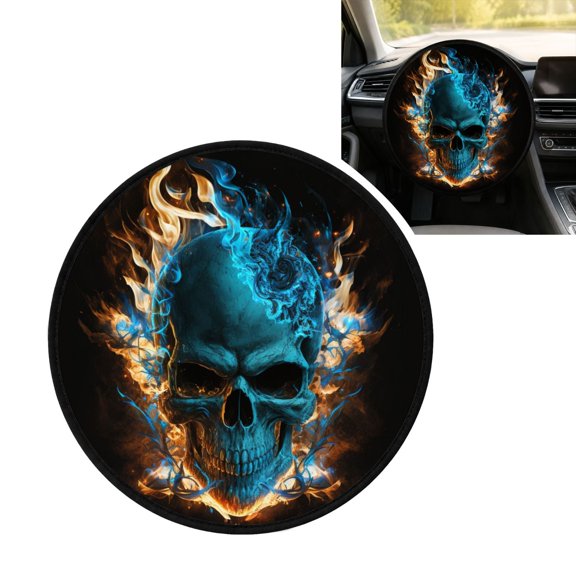 Blue Flame Fire Skull Burning Steering Wheel Sun Shade Cover, Universal Fits up to 15.5 in, Foldable Sun Protector