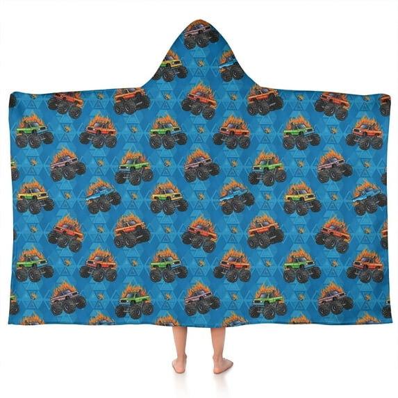 Blue Flame Monster Cartoon Trucks Pattern Hooded Bath Towel,50"x30" for Ages 3 To 12 Kids, Quick Dry Lightweight Soft Microfiber Hood Beach Towel Cover Up for Kids