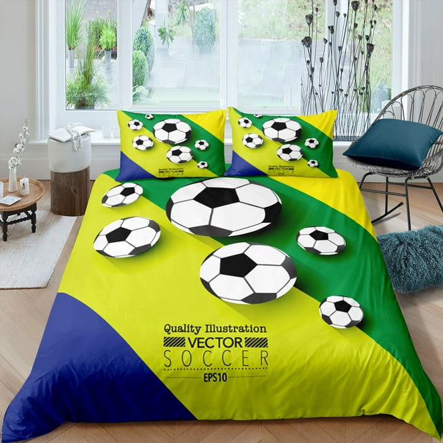 Blue Flame Soccer Duvet Cover Set for Children Boys 3D Printed Football
