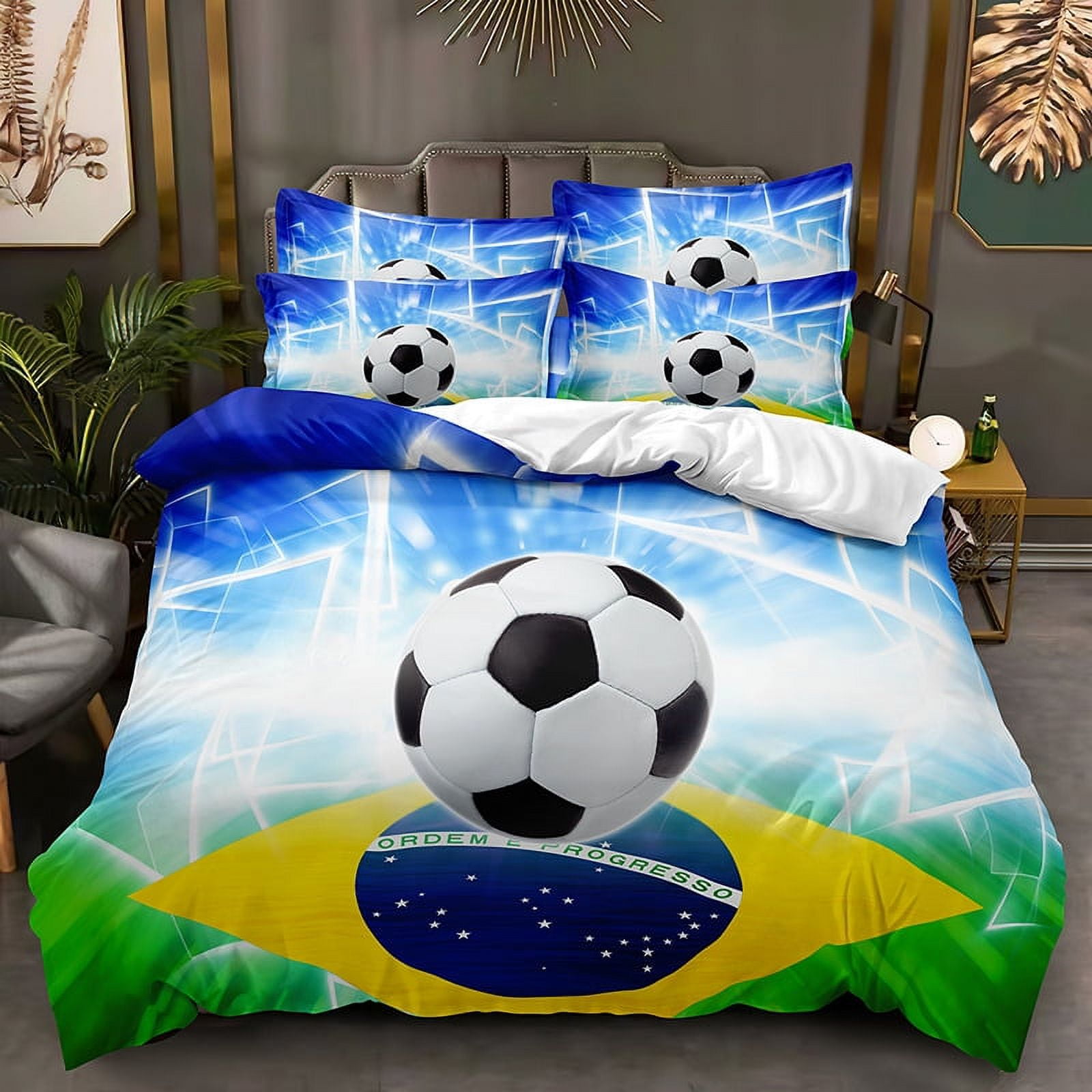 Blue Flame Soccer Duvet Cover Set for Children Boys 3D Printed Football