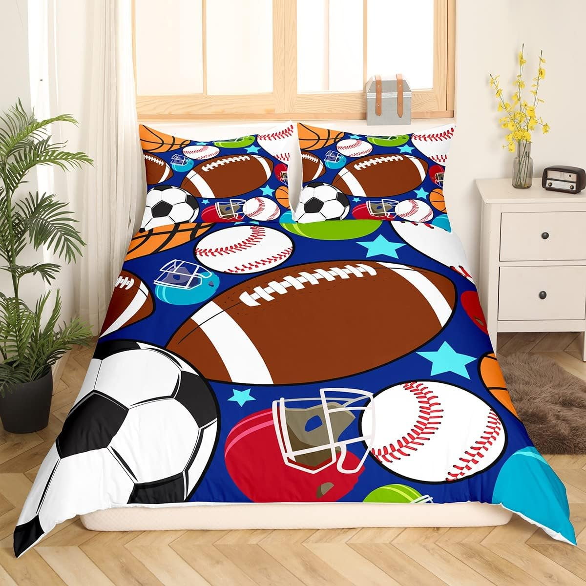 Blue Flame Soccer Duvet Cover Set for Children Boys 3D Printed Football
