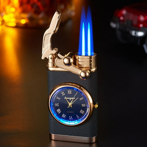 Blue Flame Torch Lighter with Quartz Watch, Double Fire Mode Metal Lighter, Inflatable and Refillable Design