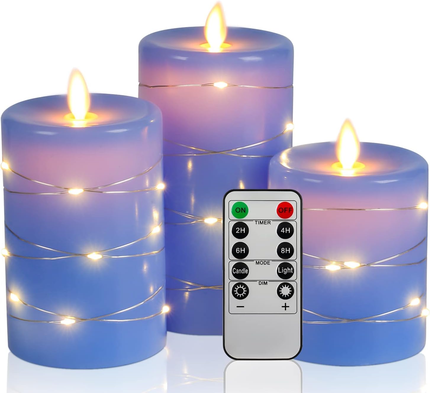 Blue Flameless Candle Set 4" 5" 6" True Wax Column LED Candle with