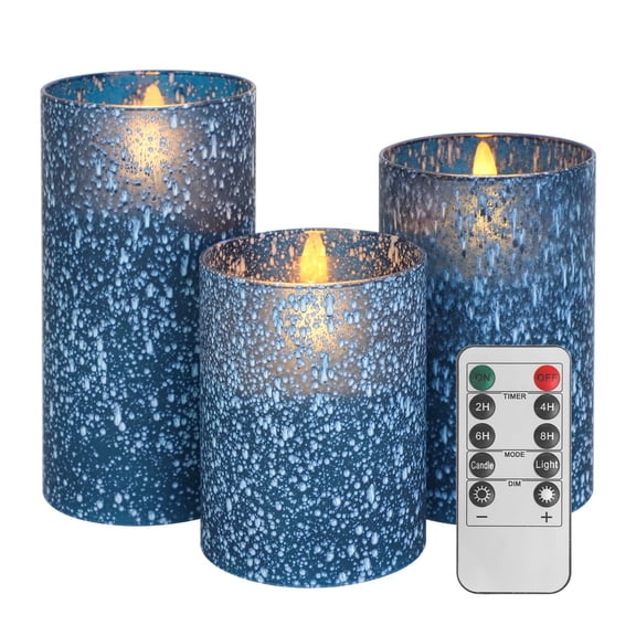 Blue Flameless Candles with Remote, Real Wax Glass Battery Operated Candles with Timer, LED Pillar Candle for Bedroom Home Wedding Birthday Party Fall Halloween Christmas Decorations, Set of 3