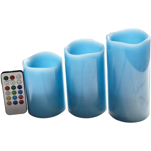 Blue Flameless Candles Set of 3- Real Wax Pillar Candles Battery Operated with Remote and Timer - Dia 3" XH4/5/6Ocean Scent,Color Changing for Home Decor. Wedding,Camping, Party