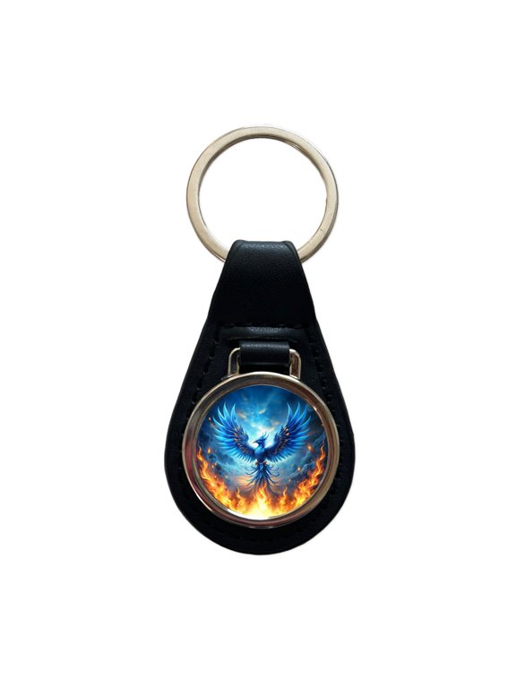 Blue Flaming Phoenix Rising From Ashes Fantasy Bird Metal Black Leather Keychain