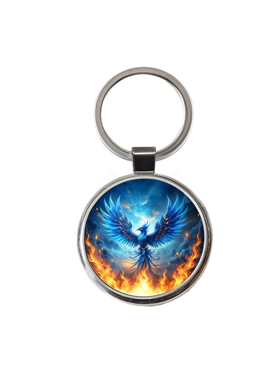 Blue Flaming Phoenix Rising From Ashes Fantasy Bird Metal Round Keychain
