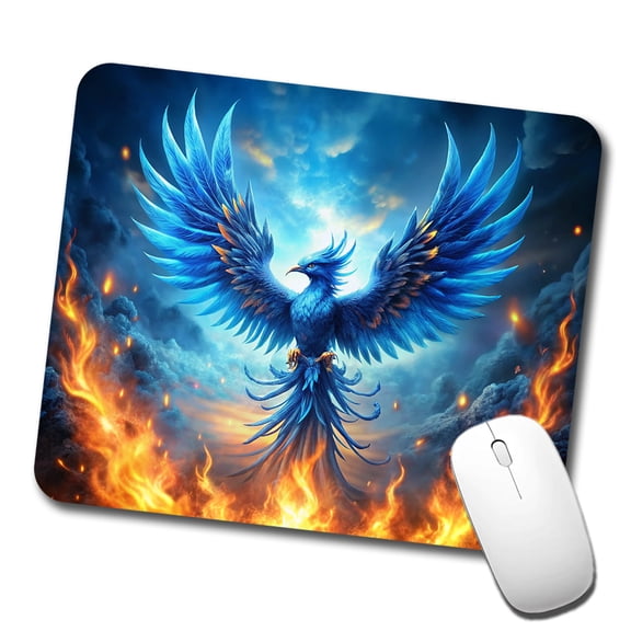 Blue Flaming Phoenix Rising From Ashes Fantasy Bird Mouse Pad Low Profile Gaming Mat