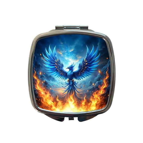 Blue Flaming Phoenix Rising From Ashes Fantasy Bird Travel Makeup Handbag Purse Small Pocket Compact Mirror
