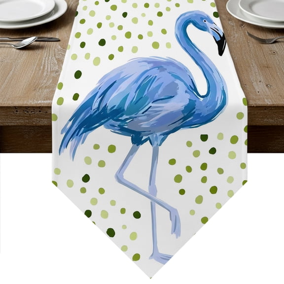 Blue Flamingo Table Runner Linen Burlap Table Runner 60 Inches Long Sage Green Polka Dots Tropical Modern Art Dresser Scarves for Kitchen Island Coffee Dining Room Party Wedding Holiday Decor 13"x60"