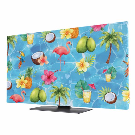 Blue Flamingos TV Cover for 24 Inch Screen, Stretch Fabric Dustproof TV Display Protector, Tropical Summer Botanical Fruits Elastic Slipcover Monitor Cover for Indoor Desktop Computer 20.9"x11.8"