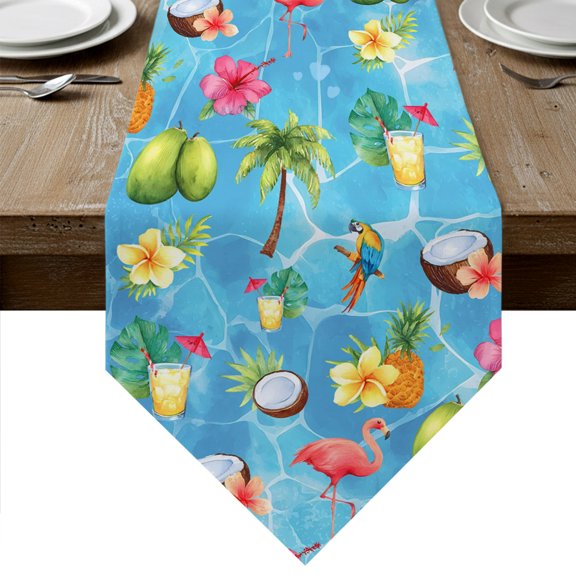 Blue Flamingos Table Runner Linen Burlap Table Runner 72 Inches Long Tropical Summer Botanical Fruits Dresser Scarves for Kitchen Island Coffee Dining Room Party Wedding Banquet Holiday Decor 18"x72"