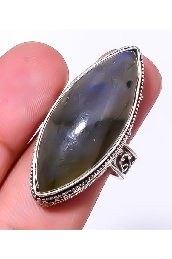 Blue Flash Labradorite - Madagascar 925 Sterling Silver Bali Ring S.8 R19