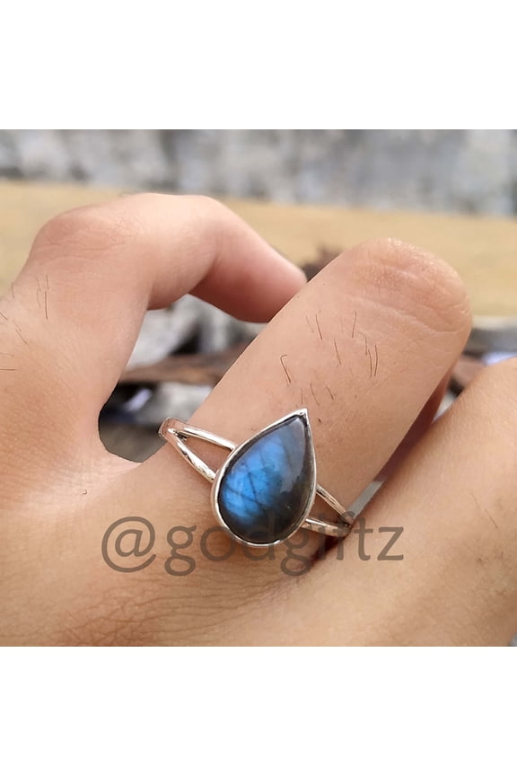 Blue Flash Labradorite Ring: Sterling Silver Pear Solitaire