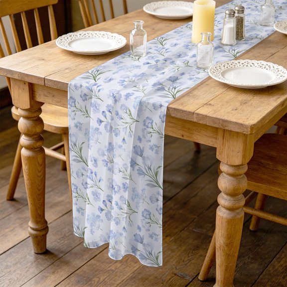 Blue Flax Blossom 4.5ft Cheesecloth Table Runner for Wedding 19"x55", Spring Floral Pale Blue Backdrop French Country Kitchen Dinner Sheer Tulle Chiffon Dresser Scarf, Holiday Party Decorations