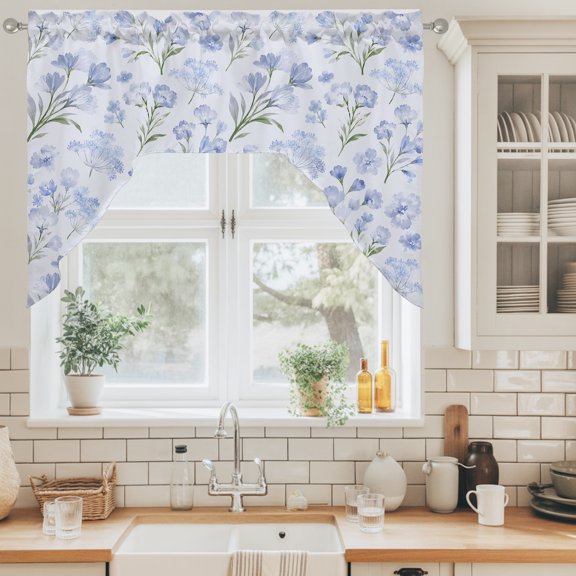 Blue Flax Blossom Swag Valance for Windows, Spring Floral Pale Blue Backdrop French Country Swag Curtains Valances for Small Window Treatment Rod Pocket for Kitchen Bathroom 1 Panel 56x36in