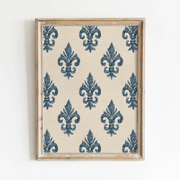 Blue Fleur De Lis Wall Art Print, Rustic French Country Farmhouse Decor