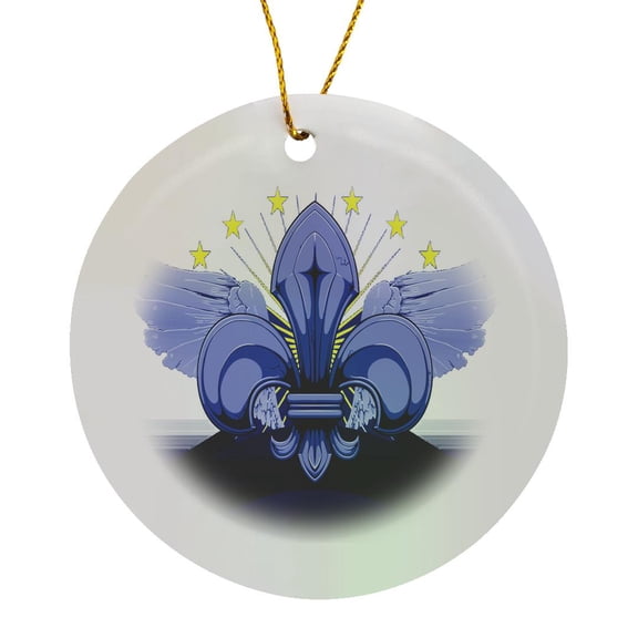 3drose, Blue Fleur De Lis with Wings and Stars, Circle Porcelain Ornament