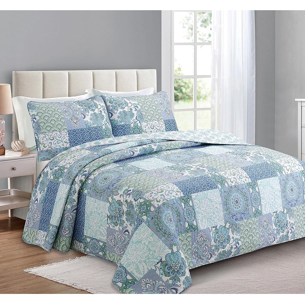 Blue Fleur-de-lis Stylish Floral Patchwork Cotton Reversible Bedding ...
