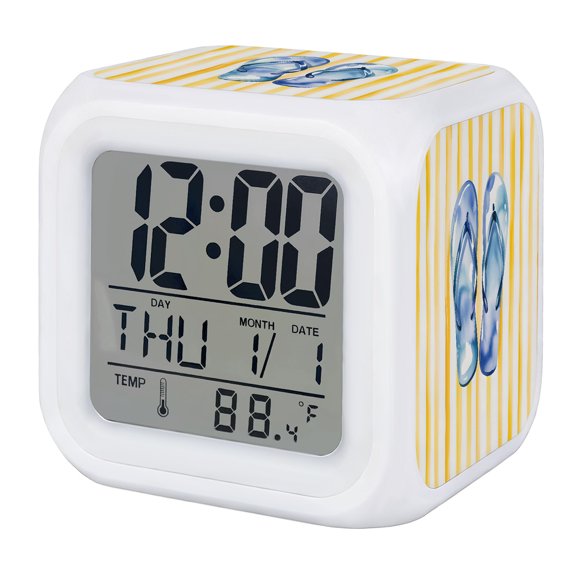 Blue Flip-flops Yellow Striped Digital Alarm Clock for Bedrooms, Smart LED Alarm Clock with 7 Color Changing Night Light, Summer Coastal Beach Silent Wake Up Clocks for Sleep Study Cooking 3.2"x3.2"