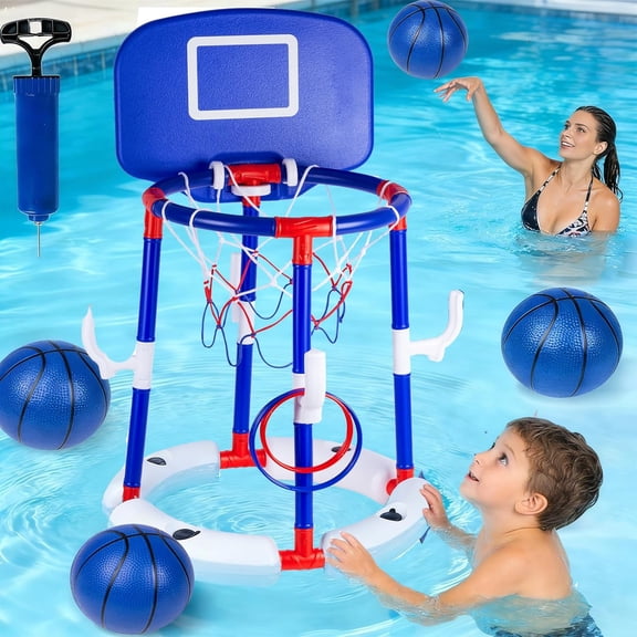 Blue Floating Pool Basketball Hoop with Backboard, 2-in-1 Basketball & Ring Toss Game with 4 Balls, 6 Rings&Pump, Summer Pool Toys Outdoor Water Fun Family Party for Age 3-12