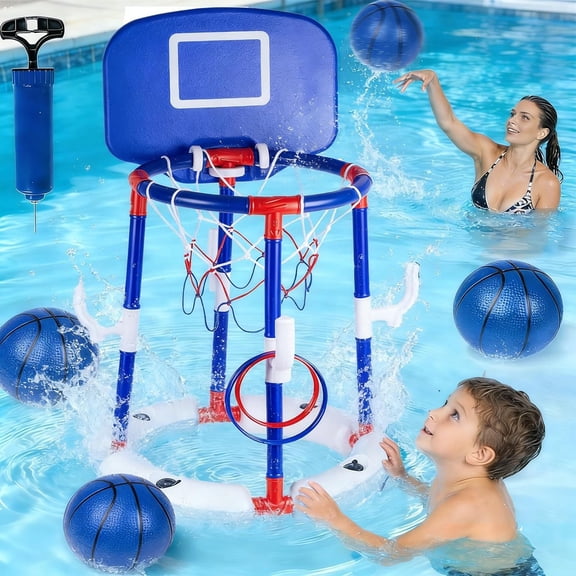 Blue Floating Pool Basketball Hoop with Backboard, 2-in-1 Basketball & Ring Toss Game with 4 Balls, 6 Rings&Pump, Summer Pool Toys Outdoor Water Fun Family Party for Age 3-12