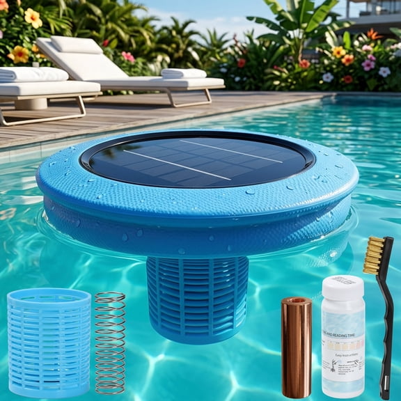 Blue Floating Solar Pool Ionizer, Chemical-Free Design with Brass Parts & Cleaning Brush, Fits Up to 35000 Gallons, for Indoor Saltwater & Freshwater Pools.