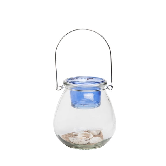 Blue Floating Tea Light With Sand Shells Glass Candle Holder
