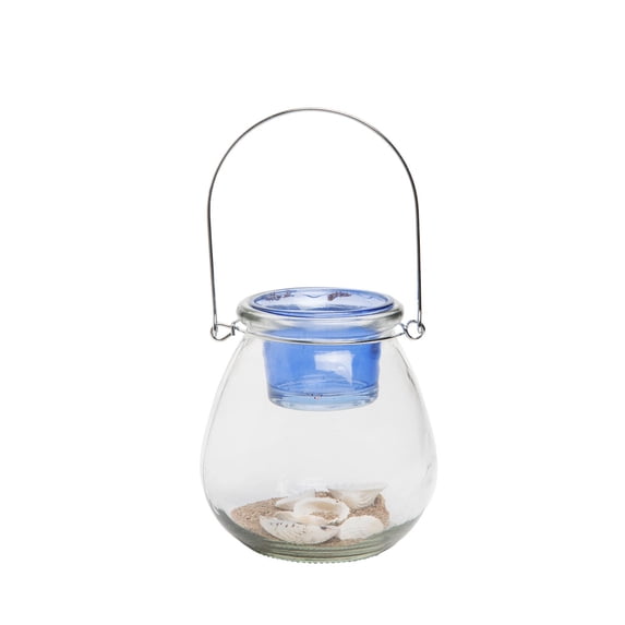 Blue Floating Tea Light With Sand Shells Glass Candle Holder