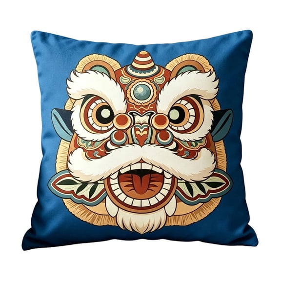 Blue Flock Blue Lion Head Decorative Pillow Cover 45Cm For Home Sofa And Cultural Decor No Insert