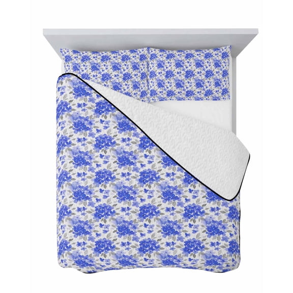 Blue Floral 3 Piece Quilt Set Twin Size, Gingham Cyan Blossoms Navy Blue Buds Farmhouse Soft Bedspread Coverlet Bedding Set Microfiber Lightweight Comforter Set with 2 Pillowcases for Bedroom