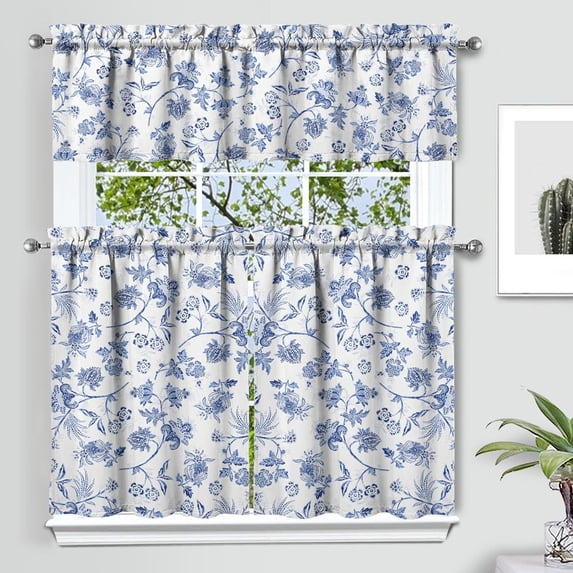Blue Floral 3-Piece Valance Set, Farmhouse Kitchen Curtains, 36 Inch Windows