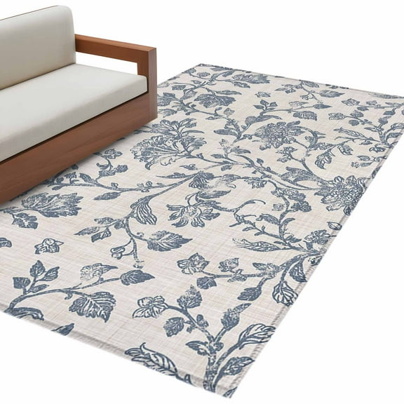 Blue Floral Area Rug 3x5 FT, Non Slip Entryway Bedside Carpet, Farmhouse Vintage Flower Leaf Botanical Washable Soft Floor Carpet Indoor Mat Non-Shedding Throw Rug for Dorm Kitchen Home Office