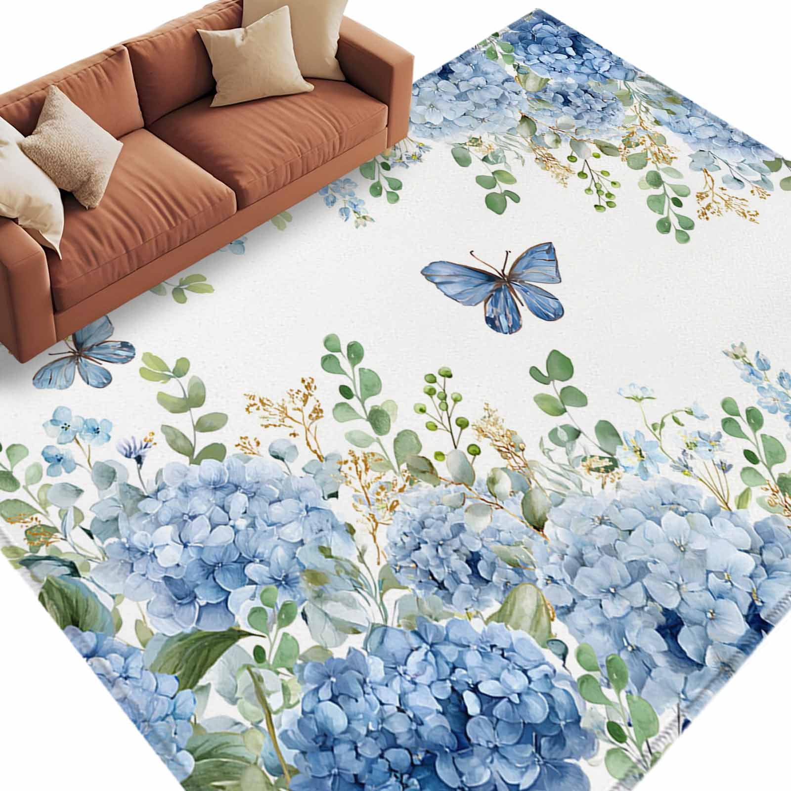 Tufted Rug Blue Hydrangea Blue Floral Area Rug 5x8 Washable Rug Non Slip Spring Hydrangeas Flower ...