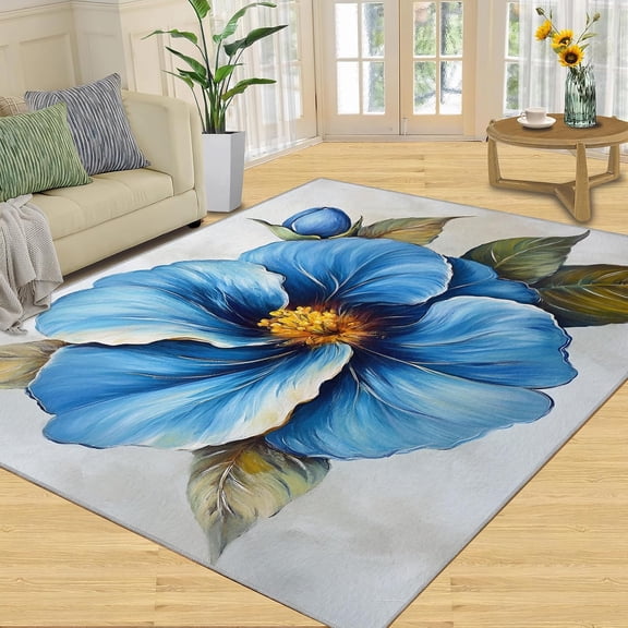 Blue Floral Area Rug, Botanical Spring Flower Washable Rug, Non Slip Low Pile Carpet for Living Room Bedroom Home Decor 5x6ft