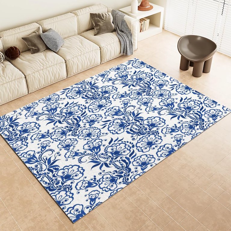 Blue Floral Area Rug Chinoiserie Flower Soft Low Pile Vintage