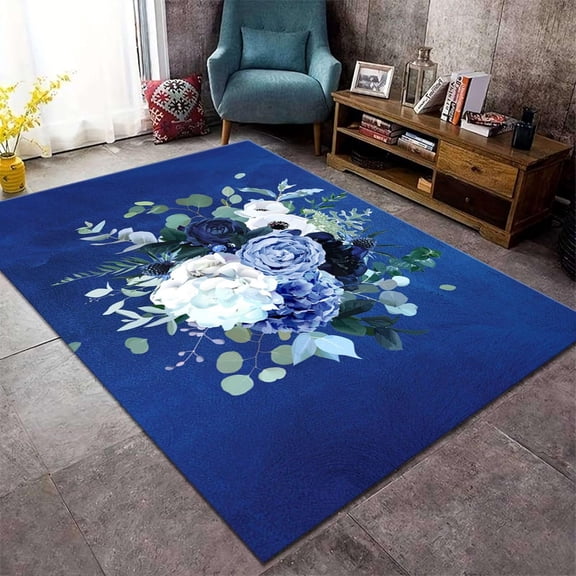Blue Floral Area Rug, Exotic Rose Plants Decorated Doormat In Living Room, Vintage Flower Indoor Rugs Non-Slip Washable Floor Carpet For Kitchen Bedroom Room Hallway Farmhouse Deco-4x8ft
