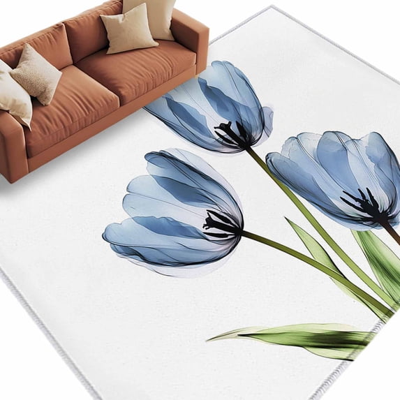 Blue Floral Area Rug 5x8ft Blue Tulips Green Leaf Non-Slip Washable Square Rugs Soft Felt Indoor Floor Mat for Bedroom Kitchen Living Room Bathroom