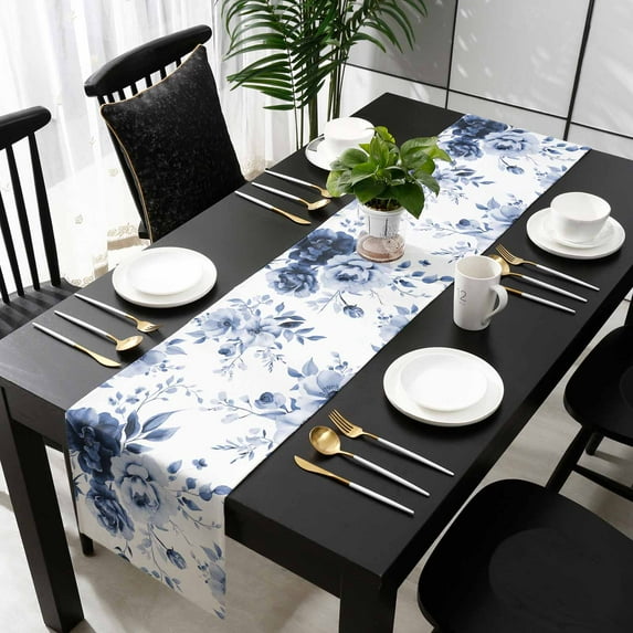 Blue Floral Art Cotton Linen Table Runner 16 x 72 inch Watercolor Botanical Spring Flowers Non-slip Rectangular Dining Table Decor for Wedding Party Holiday Dinner