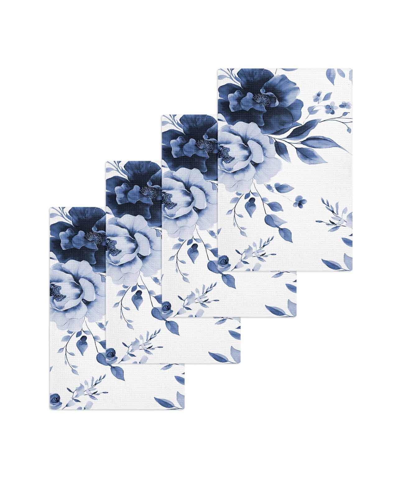Blue Floral Art Kitchen Dish Towels for Drying Dishes Set of 4, Watercolor Botanical Spring Flowers Waffle Weave Microfiber Terry Hand Tea Bathroom Towels Quick Dry & Absorbent Towel 15.7x23.6
