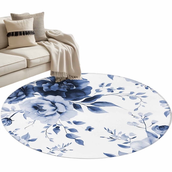 Blue Floral Art Large Area Rugs for Bedroom Living Room, Soft Non Slip Carpet Bedside Rug, Watercolor Botanical Spring Flowers Round Floor Cover Kitchen Accent Rug 3' for Dining Room/Office