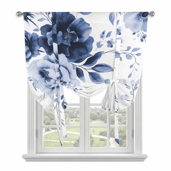 Blue Floral Art Tie Up Curtains for Kitchen Windows,Adjustable Rod Pocket Valance 54 Inch Long, Watercolor Botanical Spring Flowers Window Treatment Balloon Roman Blind Shade, 42" x 54"