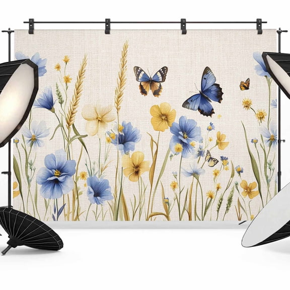 Blue Floral Backdrop for Photoshoot,Photography Photo Studio Background Wall Backdrop,Yellow Flower Butterflies Country Plant Back Drop Banner Panel for Portraits Wedding Party Live Streaming 7x5Ft