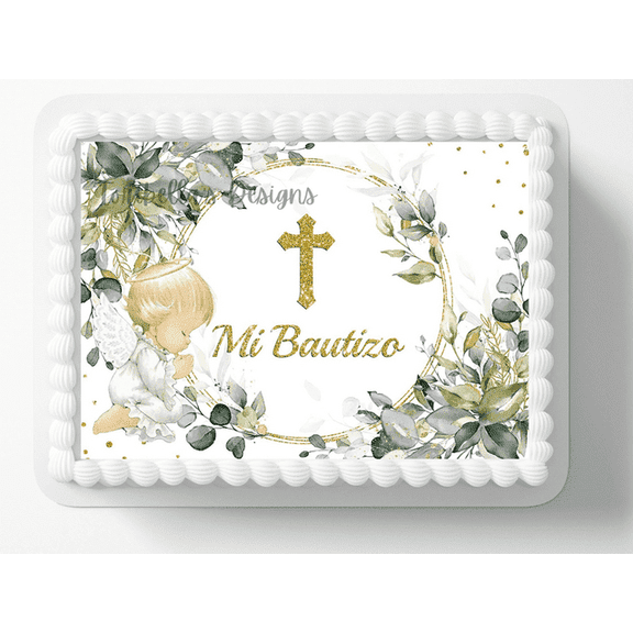 Blue Floral Baptism Mi Bautizo Boy Edible Image Cake Topper For Quarter Sheet Cake By TNCT