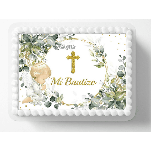 Blue Floral Baptism Mi Bautizo Image Edible Cake Topper Baptism Cake Decoration Edible Photo Paper For 1/4 to 1/2 sheet Cake 10" by 8" rectangle You add To Your Own Cake.