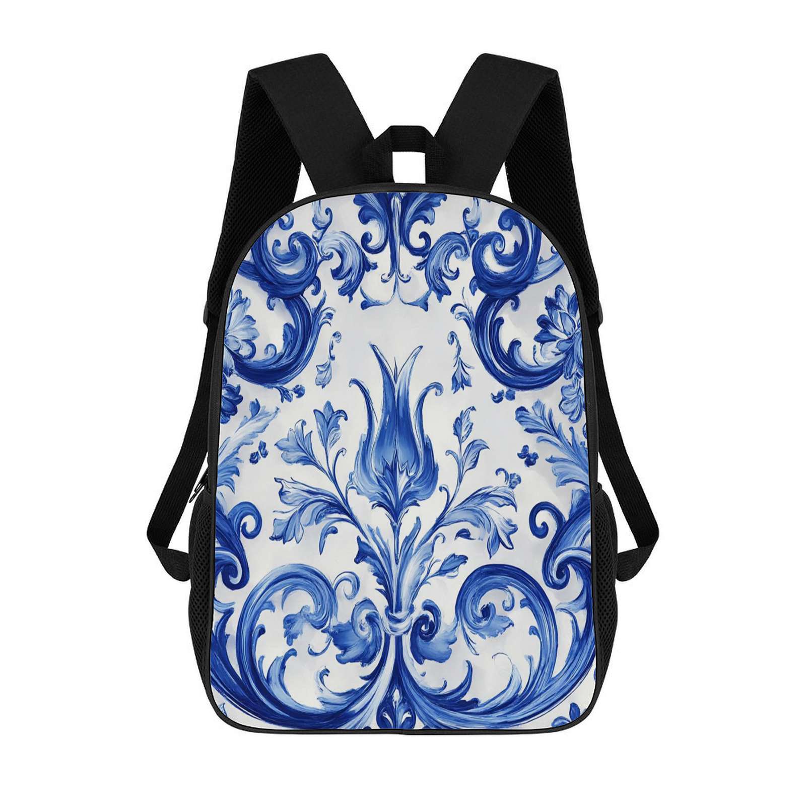 Blue Floral Baroque Pattern Large Capacity Backpacks For  display picture 3