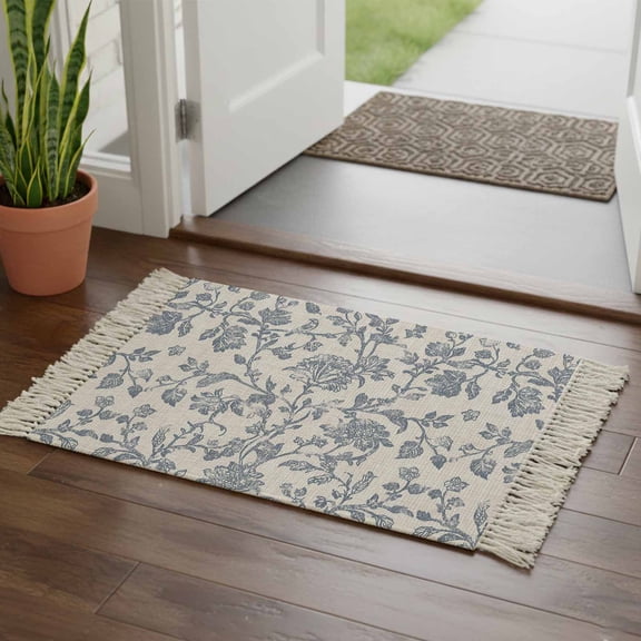 Blue Floral Bathroom Rug 2'x3', Farmhouse Vintage Flower Leaf Botanical Low Profile Front Entryway Rug with Tassels, Woven Cotton Washable Kitchen Mat Carpet for Foyer Bedroom Back Door Decor